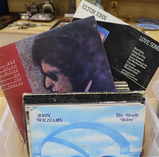 A box of mixed LPs containing King Crimson, John Lennon, Bob Dylan, Leonard Cohen, etc.